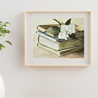 Book Stack with White Flowers Watercolor PRINT PRE-ORDER