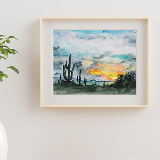 Desert Sunset Saguaro Cactus Blue Cloudy Sky Fine Art Print, Giclee Watercolor Art Print