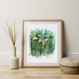 White Flowers on Green Grassy Background Watercolor Giclee Art Print