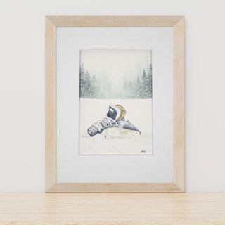 Muted Snow Landscape with Hockey Skates, Original Hand-painted Watercolor Art