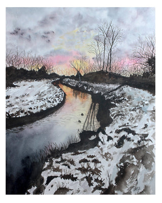 Sunset Snowy River Bank Giclee Art Print, Moody Watercolor Art Print, Winter Landscape Fine Art Print