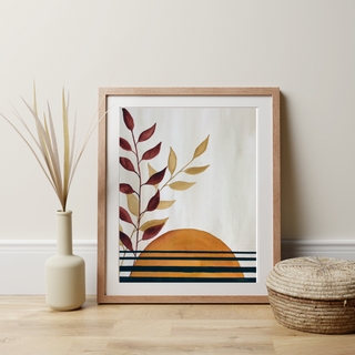 Mid-Century Modern Giclee Watercolor Art Print featuring leaves, semi-circle and stripes