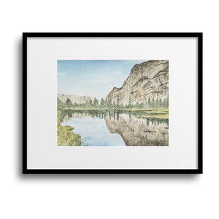 Mountain Lake Hand-Painted Watercolor Landscape, Green Grass, Blue Sky, Reflections, 5x7
