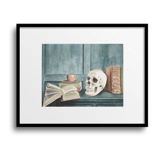 Moody Book Themed Watercolor Art Print, Skull Open Book, Blue, PRE-ORDER