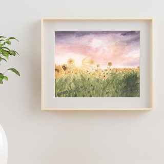 Sunflower Field Sunset Purple Sky Original Hand-painted Watercolor Art