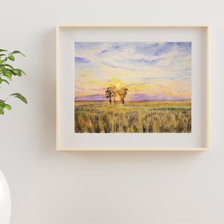 Sunset Watercolor Prairie with Trees Fine Art Print, Giclee Prints