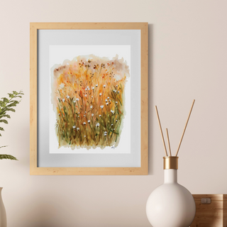 White Flowers in Orange Field Giclee Fine Art Print Watercolor