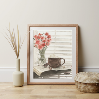 Cozy Fall Cocoa, Book, Flowers in Window Watercolor PRINT PRE-ORDER