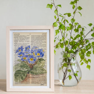 Primrose Flowers on Vintage Dictionary Paper, Original, Hand-Painted Watercolor Florals, 4x6