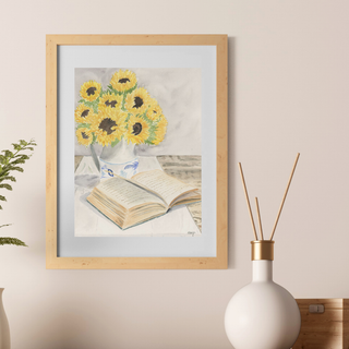 Open Book on Table with Sunflowers Watercolor Art PRINT PRE-ORDER