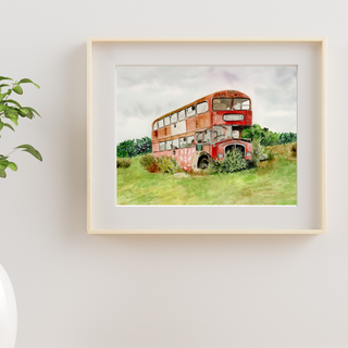 Red Bus in English Field Fine Art Giclee Print