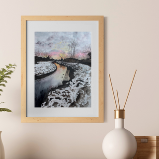 Sunset Snowy River Bank Giclee Art Print, Moody Watercolor Art Print, Winter Landscape Fine Art Print