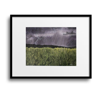 Dark Thunderstorm Field with Lightning, Hand-painted Watercolor Landscape, 9x12