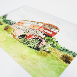 Red Bus in English Field Fine Art Giclee Print