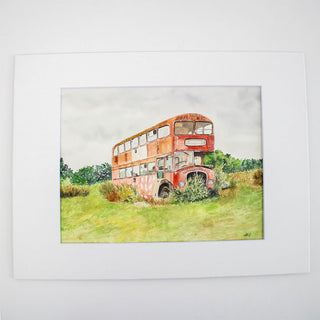 Red Bus in Field United Kingdom 8x10 ORIGINAL Watercolor Landscape