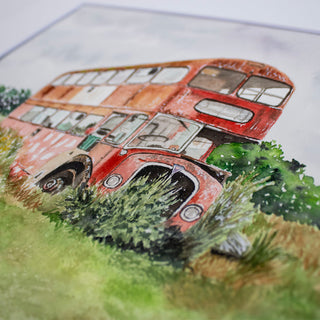 Red Bus in Field United Kingdom 8x10 ORIGINAL Watercolor Landscape