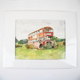 Red Bus in Field United Kingdom 8x10 ORIGINAL Watercolor Landscape