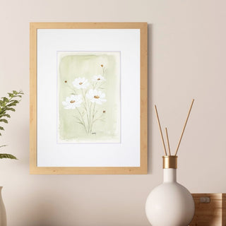 White Cosmos on Muted Green Background, ORIGINAL Watercolor Painting, 5x7