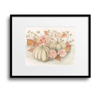 White Pumpkins with Pink Flowers and Fall Leaves, Fall Themed Watercolor Art Print PRE-ORDER