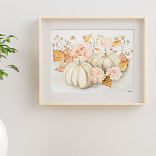 White Pumpkins with Pink Flowers and Fall Leaves, Fall Themed Hand-Painted Watercolor Art