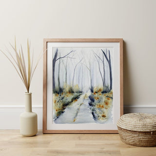 Atmospheric Landscape in Blues and Oranges, Moody Trees, Hand-Painted Watercolor, 9x12