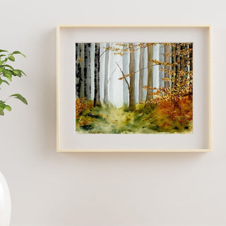 Fall Atmospheric Landscape, Hand-Painted Watercolor Landscape Autumn Scene, 9x12
