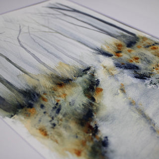 Atmospheric Landscape in Blues and Oranges, Moody Trees, Hand-Painted Watercolor, 9x12