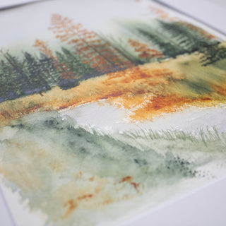 Atmospheric, Loose Fall Landscape, Greens and Oranges, Hand-Painted Watercolor, 9x12