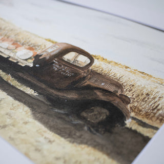 Rusted Fall Truck, Pumpkins, Corn Field, Hand-Painted Watercolor, 9x12