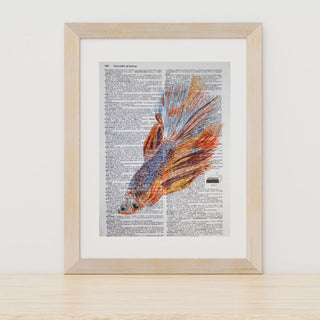Betta Fish Hand-Painted Watercolor on Dictionary Page