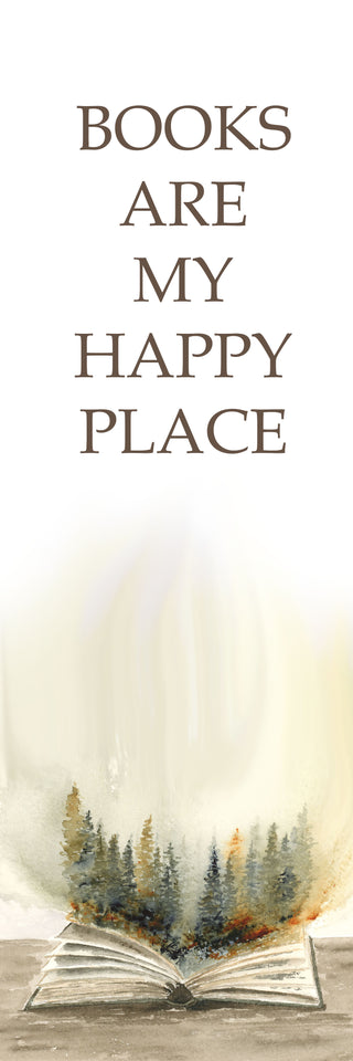 Open book with a forest illustration on a white background with 'Books are my happy place' text.