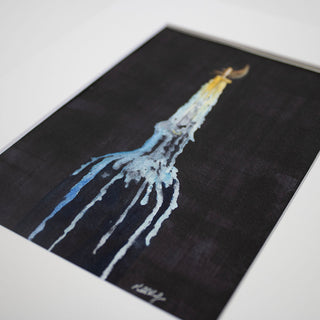 Candle on Bottle, Dark Background, Flame, Original Hand-Painted Watercolor, 5x7