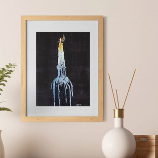 Candle on Bottle, Dark Background, Flame, Original Hand-Painted Watercolor, 5x7