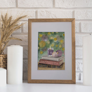 Holiday Book Stack, Hand-Painted Watercolor Art 5x7, Book Lovers Art