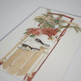 Holiday Sled with Ice Skates and Greenery, Hand-Painted Original Watercolor Painting, 5x7