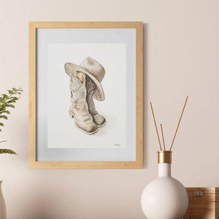 Cowboy Boots and Hat, Original, Hand-Painted Watercolor, 5x7