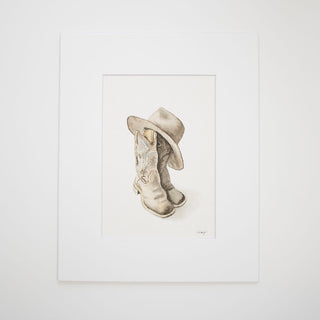Cowboy Boots and Hat, Original, Hand-Painted Watercolor, 5x7