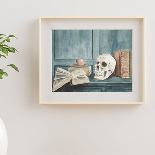 Moody Book Themed Watercolor, Hand-Painted Skull Open Book, Blue, 8x10