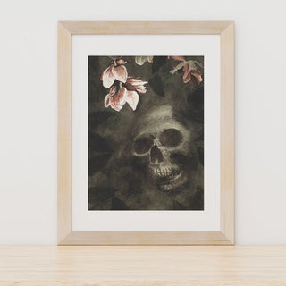 Dark Skull with Pink Flowers Hand-Painted Watercolor Painting, Spooky, Moody, 5x7