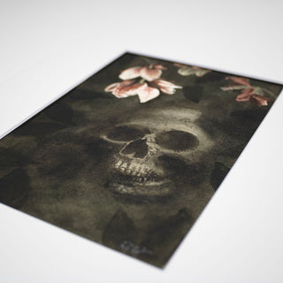 Dark Skull with Pink Flowers Hand-Painted Watercolor Painting, Spooky, Moody, 5x7