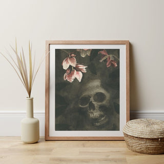 Dark Skull with Pink FlowersWatercolor Art Print, Spooky, Moody PRE-ORDER