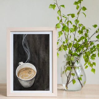 Espresso in Mug with Steam, Black Background, Hand-painted Watercolor, 4x6