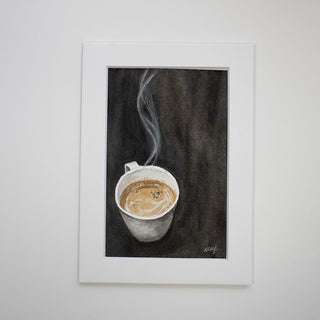 Espresso in Mug with Steam, Black Background, Hand-painted Watercolor, 4x6