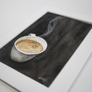 Espresso in Mug with Steam, Black Background, Hand-painted Watercolor, 4x6