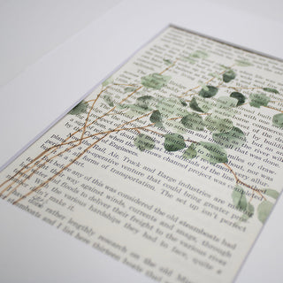 Eucalyptus on Old Book Pages, Original, Hand-Painted Watercolor, 5x7