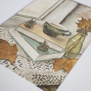 Cozy Fall Hand-Painted Watercolor Book Stack Rainy Window