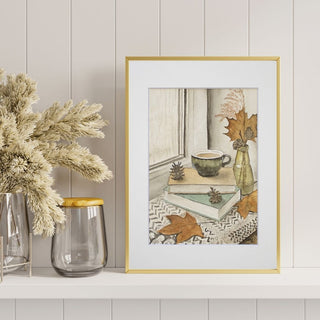 Fall Themed Book Stack, Rainy Window, Watercolor Art Print PRE-ORDER