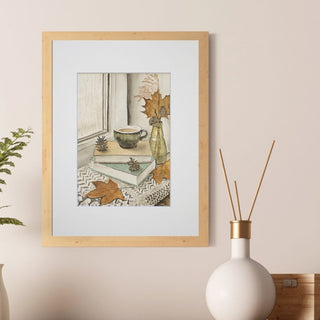 Cozy Fall Hand-Painted Watercolor Book Stack Rainy Window