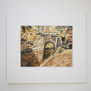 Autumn Bridge Landscape Original, Hand-Painted Watercolor