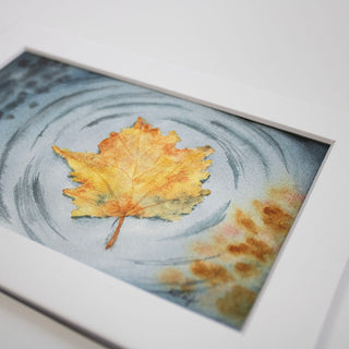 Single Fall Leaf on Water, Ripples, Hand-Painted Watercolor, 4x6